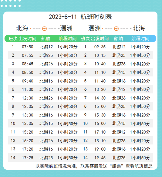 涠洲岛航班时刻表(8月11日)