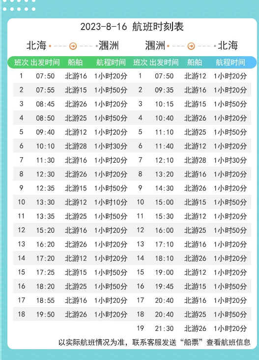 涠洲岛航班时刻表（8月16日）